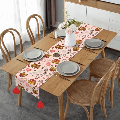 Chemin de table de Noël avec pompon déco cuisine hiboux fleurs 35x152 cm - 2