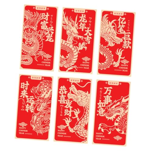 GLSTOY Sobres Rojos Tradicionales para Año 2024, Paquete de 6 Unidades Diseño de Dragón en Papel Estampado Dorado, Sobres Chinos para Dinero y Festividades, Decoración Festiva