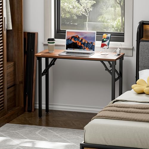 Image of TEMI Small Computer Desk Folding Table - No Assembly, Compact 35.8 inch Foldable Desk with Power Outlets & USB Charging Port, Portable Small Office Desk, Ideal Mini Study Table for Narrow Spaces, Walunt