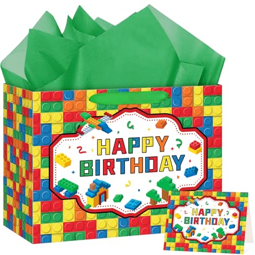 Hooqict Large Building Blocks Birthday Gift Bag Happy Birthday Gift Wrapping Bag with Handles Tissue Paper Greeting Card for Kids Boys Girls Building Bricks Theme Party Decorations Supplies