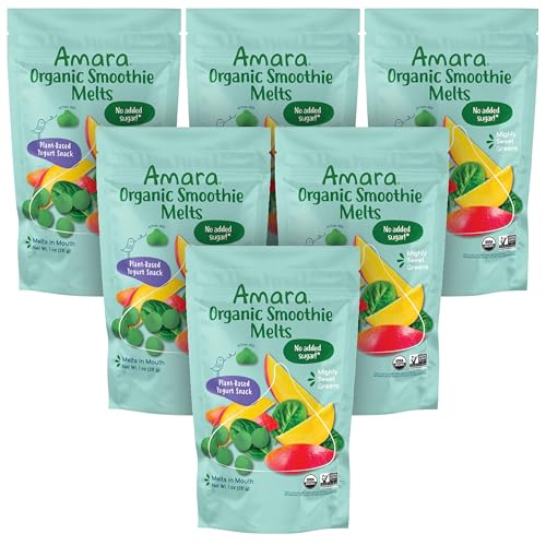 Image of Amara Smoothie Melts - Mighty Sweet Greens - Baby Snacks Made With Fruits and Vegetables - Healthy Toddler Snacks For Your Kids Lunch Box - Organic Plant Based Yogurt Melts - 6 Resealable Bags