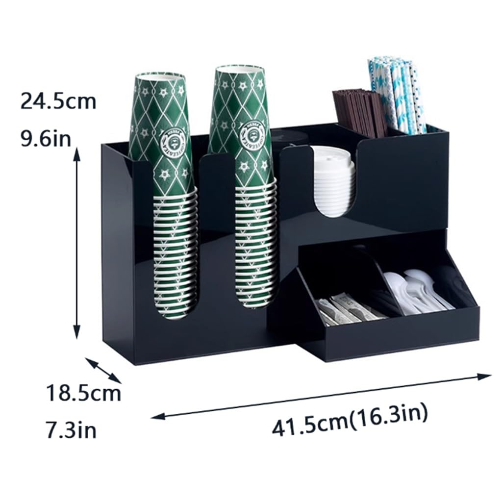 Organizer na kawę, uchwyt na pokrywkę ze stali nierdzewnej, akrylowy organizer na 7 kubków do kawy, czarny, 41,5 x 18,5 x 24,5 cm