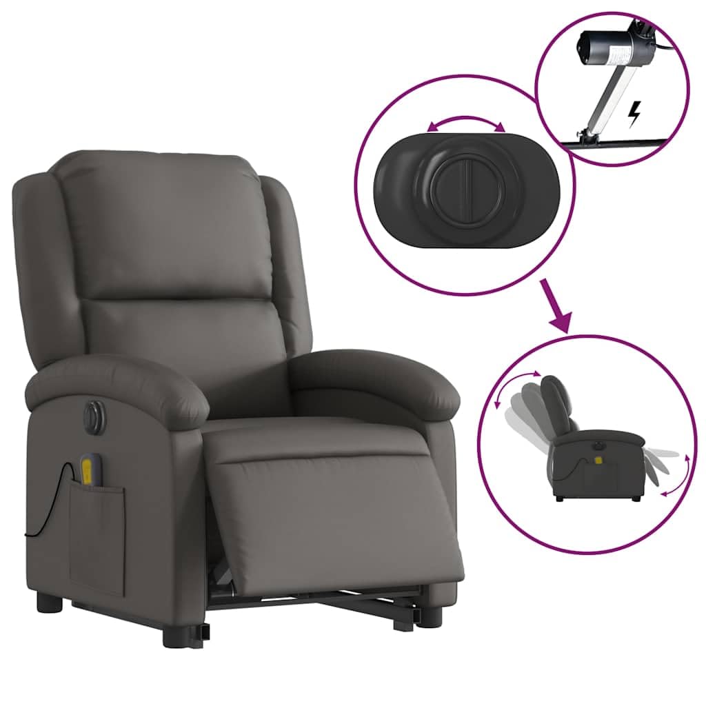 Sillón elevador eléctrico con masaje reclinable gris de piel, 6 puntos de vibración, elevación e inclinación automática, cómodo asiento acolchado, marco estable