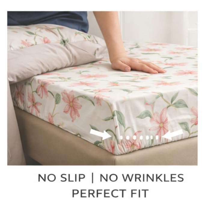 Image of Pure Cotton All Round Elastic Fitted Bedsheets with 1 Pillow Cover | Single Mattress Bed Breathable| Longlasting | Supersoft Size - 36 x 72 + 6 inches (Abstract, Color -Peach Blossom)
