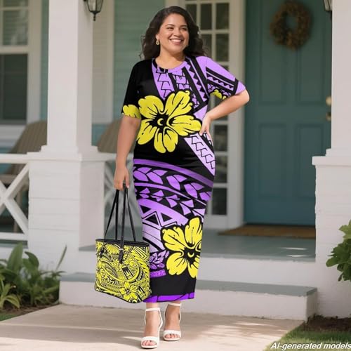 Image of Polynesian Dress for Women Short Sleeve High Waist Maxi Skirt | Puletasi dress, t-shirt and skirt two-piece, elastic material, lightweight, soft, plus size, luau party, wedding, clubwear