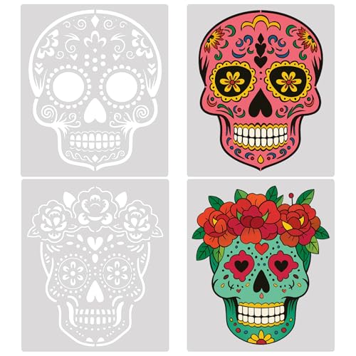 4pcs 12inch Sugar Skull Stencil Large Day of The Dead Painting Template Flower Pattern Skull Stencil Decoration for Holiday Halloween DIY Craft Wood Painting