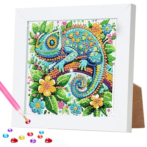 Mosaïque caméléon kit peinture diamant animaux vert avec cadre pour loisir créatif