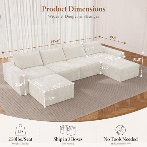 Image of Vesgantti 145.6 inch Modular Boneless Couch, Modern U Shaped 6 Seater Sectional Sofa with 2 Ottoman & Deep Seat, Convertible Chenille Cloud Couches for Living Room, No Assembly Required, Beige