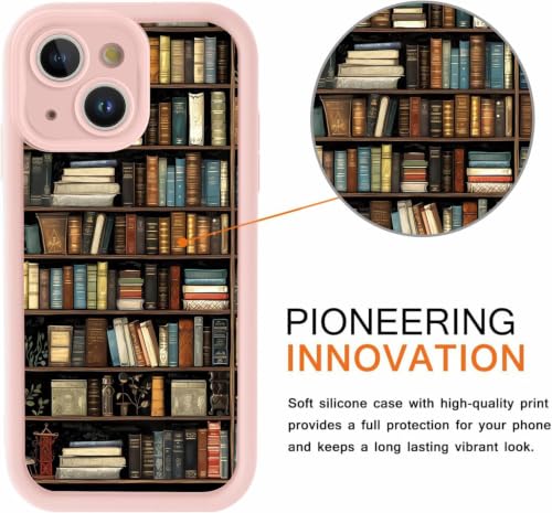 Image of VONZEE Cute Pink Book Shelf Back Cover for iPhone 15| Clear Shockproof TPU Protective Case | intage Library & Flower Shelf Pattern for Girls and Women