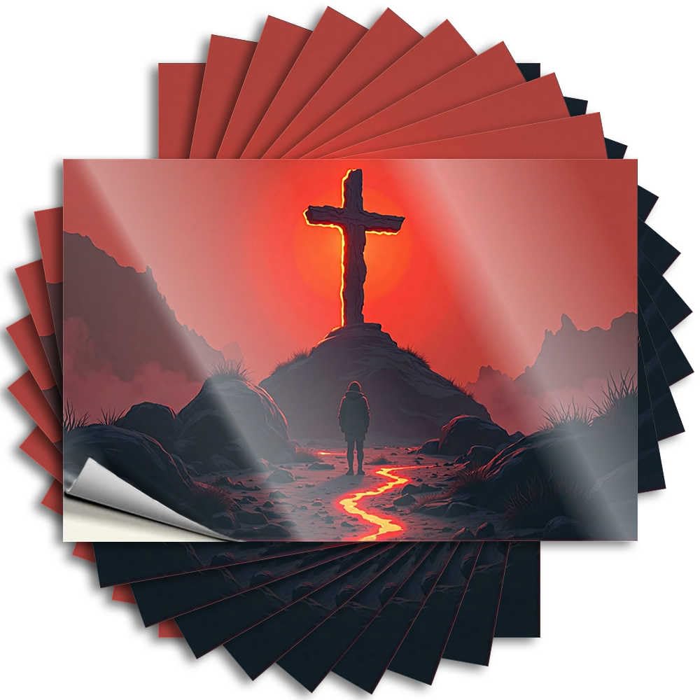 Silhouette Standing Before Glowing Cross Against Fiery Sky Sticker Cool Bedroom Accessories | Encouraging Hard Removable Decal Pack(8X12CM)