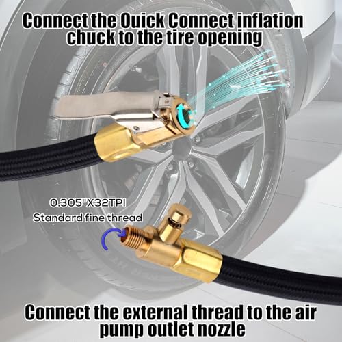 Image of Tire Inflator Extension Hose, Tire Valve Extension Tube High-Pressure Quick-Inflation Clip Connector Clip on Air Pump Chuck Adapter for Car Motorcycle Bicycle Maintenance Compressor Accessories