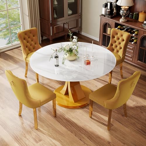Image of 5-Piece Dining Table Set with 47In Faux Marble Table and 4 Velvet Upholstered Chairs, Modern Scandinavian Furniture for Dining Room Kitchen(Yellow&Gold)