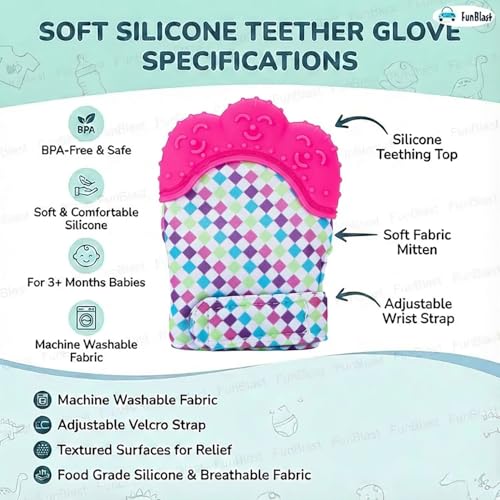 Image of FunBlast Baby Teething Mitten - Soft Silicone Teether Glove for Infants, BPA-Free, Safe & Comfortable Teething Toy for 3+ Months Babies, Toddlers, Infants (Pink)