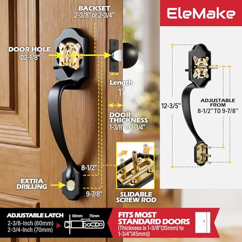 Image of Front Door Handleset, Entry Door Handle Set with Cove Knob for Right and Left Handed Sided Doors, Interior and Exterior Entrance Passage Lock, Lower Half Grip, Matte Black