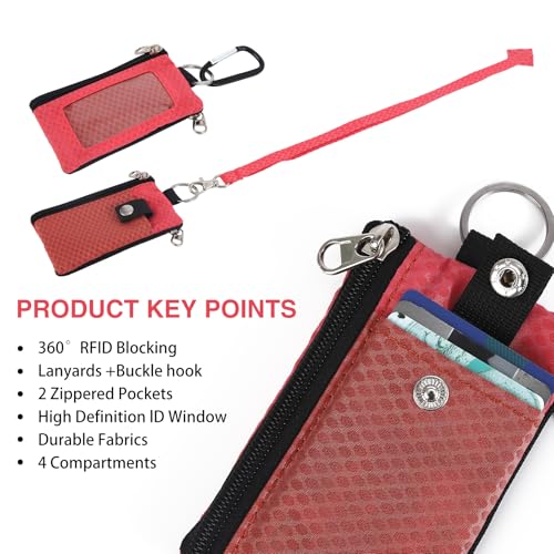Image of MASAPHlL Small Lanyard Wallet for Women /Men with RFID Blocking ID Badge Holder, Minimalist Nylon Zipper Pouch, Travel Neck Wallet with Keychain, ID Window for Card,Coin,Cash (Deep red+Rose)