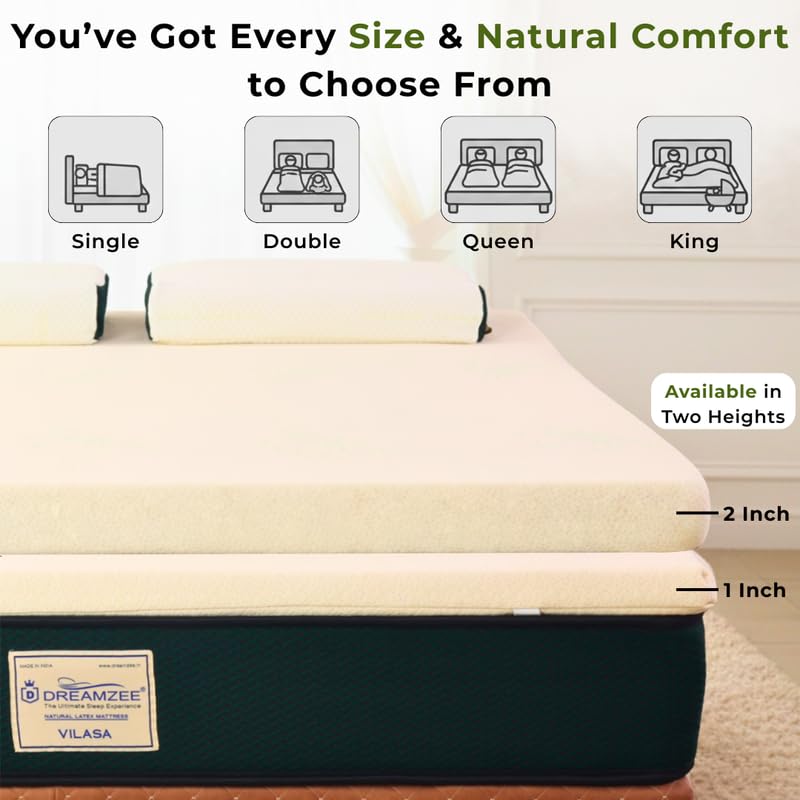 Image of Dreamzee 100% Certified Natural Latex Mattress Topper with Organic Cotton GOTS Fabric | Medium Comfort | 5 Year's Warranty | Mattress Padding Topper Queen Size (75x60x2 Inches)
