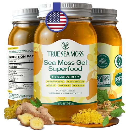 TrueSeaMoss Sea Moss Gel – Made in USA – 5-in-1 Formula – Wildcrafted Seamoss, Ashwagandha & Jarred Vegetables – Ashwagandha, Pack of 1 (Labels may Vary)