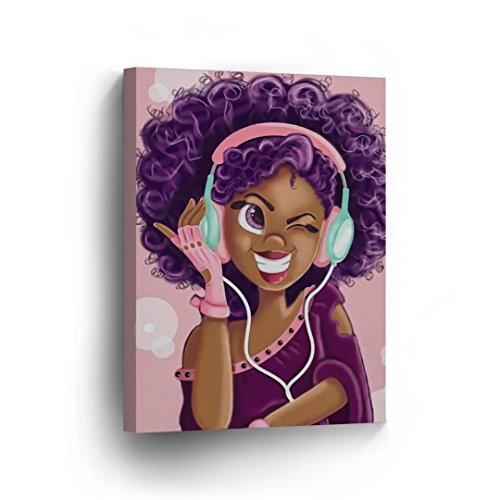 Purple Haired African Girl Earphones Pink Background Digital Painting Canvas Print Kids Room