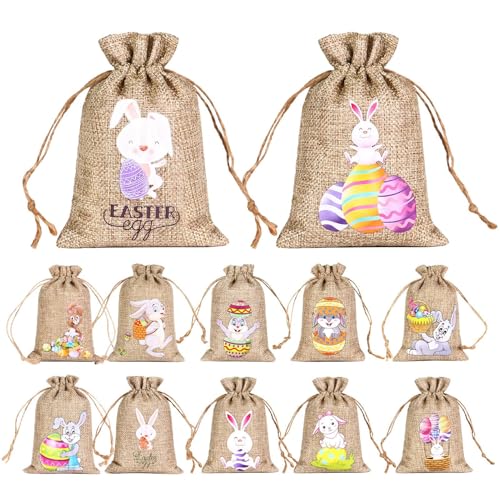Pequeñas Bolsas de Pascua, 12 Unidades de Arpillera Reutilizables con Cordón, Sacos Para La Búsqueda De Huevos Del Conejito, Para De Pascua Regalos Cumpleaños Y Detalles Para Niños Y