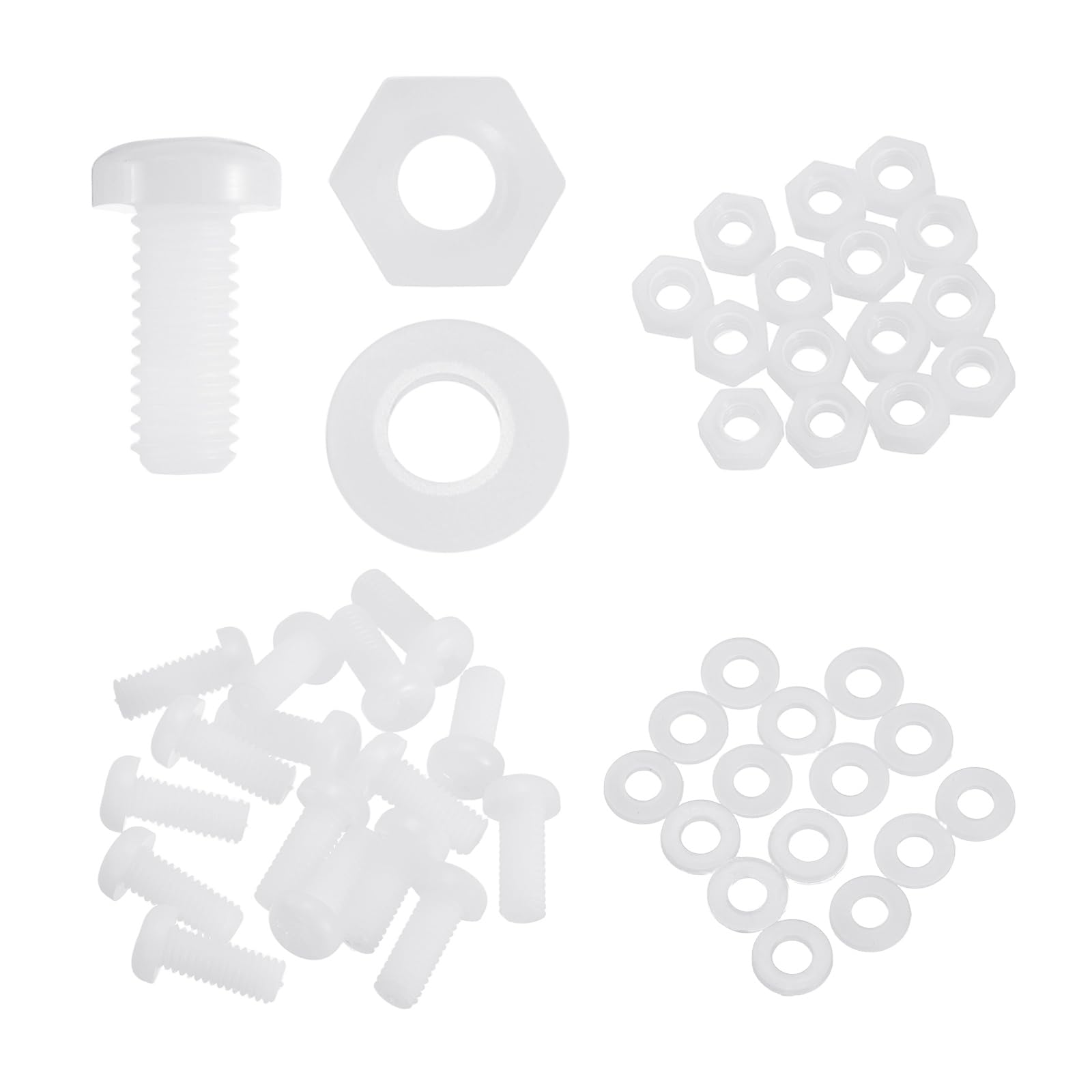 sourcing map 15 Set M6x15mm Nylon PA66 Plastic Cross Round Head Screw Phillips Bolts Hex Nuts Flat Washers Assortment Kit, Metric Full Thread Bolt Fasteners for DIY Machine Assembly, White — image 1