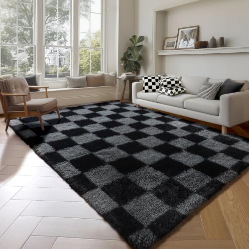 Image of KICMOR Rugs for Living Room 5x7 Black and Grey, Soft Fluffy Checkered Shag Area Rug Furry Shaggy Floor Carpets for Bedroom, Indoor Fuzzy Plush Rug for Teen Kids Boys Girls Room Nursery Home Decor
