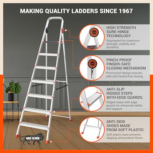 Image of Bathla Advance Pro 7-Step Foldable Aluminium Ladder for Home | Heavy-Duty & Anti-Slip Steps with Sure-Hinge Technology | 7-Year Manufacturer Warranty | Orange