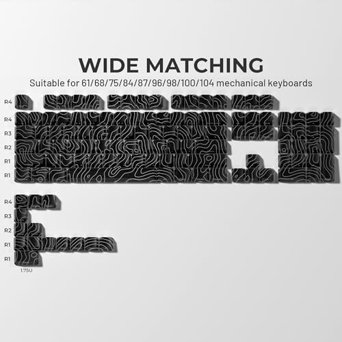 Image of HITIME XVX Shine Through Keycaps w /IMD Tech, Custom Topographic Keycaps 60 75 100 Percent, Black Key Cap Set Lines Backlit, OEM Profile Side Printed for Keyboards