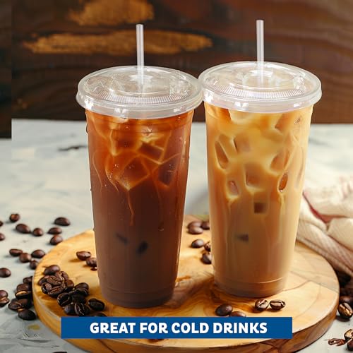 Image of Freshware Clear Plastic Cups with Flat Lids and Straws [100 Cups - 24 oz] Disposable Tumblers for Iced Coffee, Smoothie, Milkshake, Cold Drinks