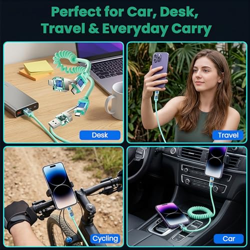 Image of Verilux 4-in-1 Spring Coiled USB to Type C Cable for iPhone 17 /16 /15 /14, PD 240W Type C Cable Fast Charging with 480Mbps Data Transfer, Fashion Retractable Lighting Cable Design for Home, Car, Green