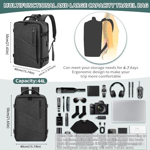 VOESLD Rucksack Herren Damen 55x40x20, Handgepäck Rucksack Dunkelgrau Laptop Wasserdicht, Reiserucksack. 44L