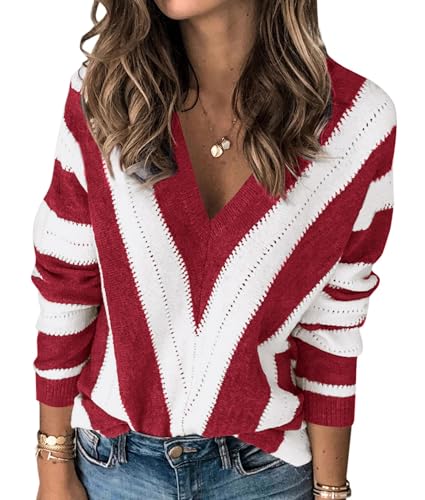 PRETTYGARDEN Sweaters for Women 2025 Long Sleeve Striped Knitted V Neck Pullover Jumper Tops Fall Outfits Fashion Clothing