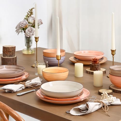 Image of Selamica Ceramic Plates and Bowls Sets,24 Pieces Dinnerware Sets for 6,Scratch Resistant Dish Set for holiday gathering,Dishwasher & Microwave Safe, Maillard