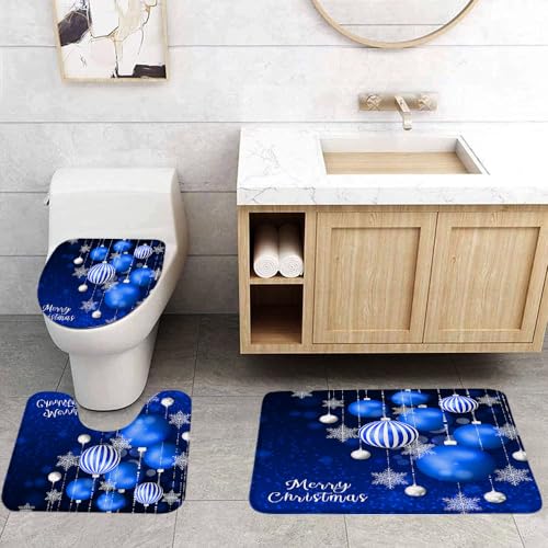 FGYGYK Merry Christmas 3 Pcs Bath Rugs Set,Blue Xmas Balls Snowflake Dreamy Winter Holiday Happy New Year Fantasy Bathroom Kitchen Rug with 16