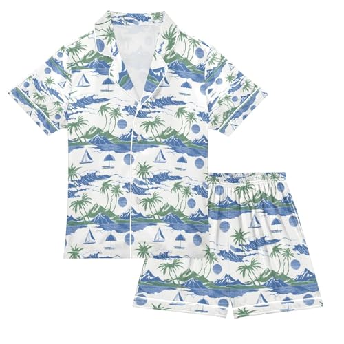 senya Palm Tree Sailboat Mountain Wave Satin Summer Pajama Sets Silk Short Sleeve Button Down Sleepwear