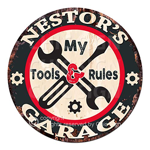 NESTOR’S MY TOOLS MY RULES GARAGE Chic Sign Rustic Vintage style Retro Kitchen Bar Pub Coffee Shop Birthday Valentine's Day Father's Day Christmas Gift for Men Man Cave Decor Ideas