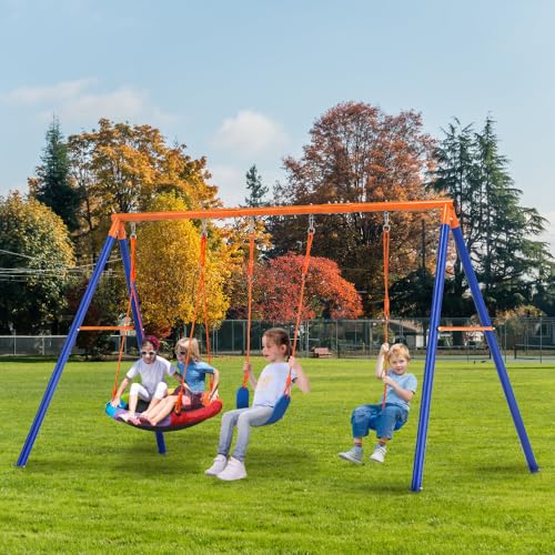 Image of GIKPAL Swing Sets for Backyard, 3 Seats with Saucer, Belt and Disc Swing | 32 inch saucer, 26 inch belt seat, tree disc swing let up to three kids play; 124.4 inch wide frame is best for larger, level yards.