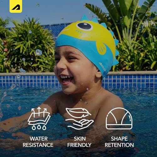 Image of Boldfit DinoSplash Kids Swimming Cap Fun Yellow & Blue Dinosaur Theme Non-Slip Silicone Swim Cap for Boys & Girls (Age 3-12)