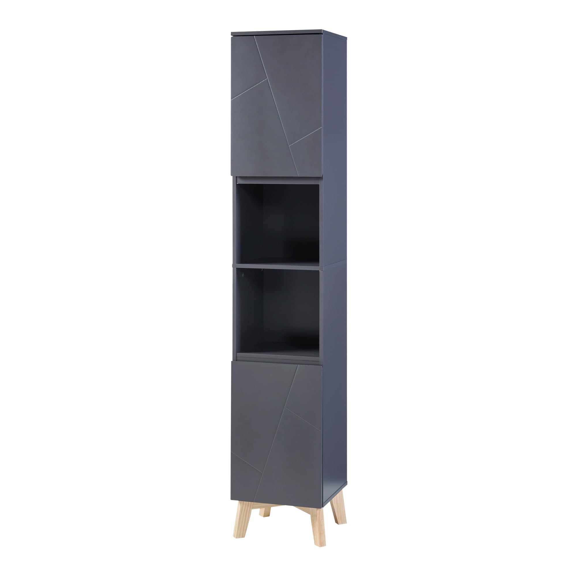 [en.casa] Columna de Baño con 2 Compartimetos Abiertos y Cerrados Armario Alto Mueble Auxiliar Baño con 2 Puertas MDF + Aglomerado Patas de Pino 160 x 30 x 30 cm - Gris y Color Madera