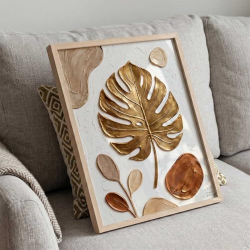 Image of kotart Golden Leaf Wall Art Home Decoration | Aesthetic Floral Paintings With Frame For Living Room Bed Room Hotel Wall Decor Digital Reprint (19x25 inch)