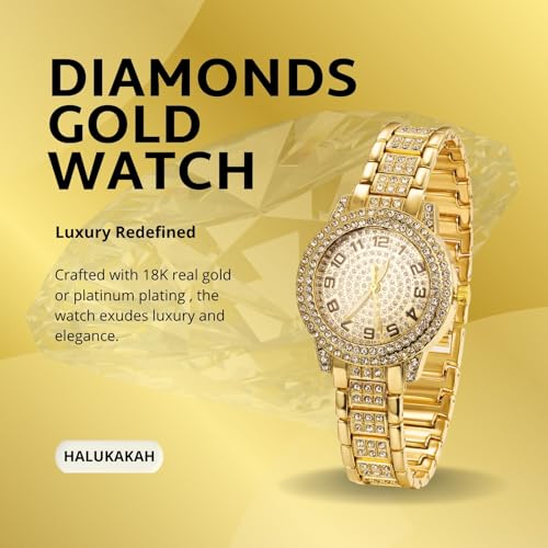 Image of Halukakah Diamonds Watch Iced Out for Boy Teens Kids - 18K Real Gold /Platinum Plated,Arabic Numerals Round Dial,Japanese Quartz - 7.7 inch Length - Optional with Cuban Link Chain - for Birthday,Parties