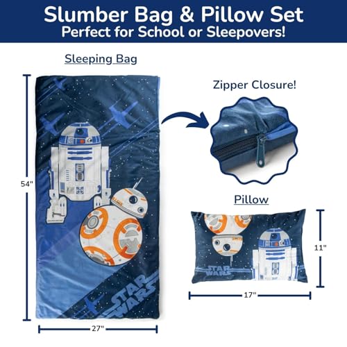 Image of Jay Franco Kids Slumber Bag and Pillow - 54 x 27 Inch Comfy Indoor Sleeping Bag for School and Sleepovers, 2 Piece Set, Blue - Star Wars