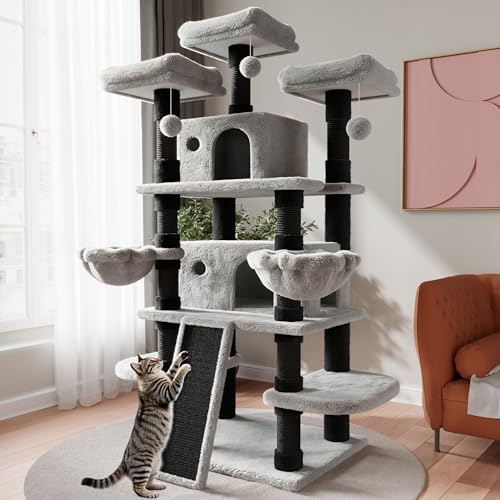 Image of SHA CERLIN 68 Inches Multi-Level Large Cat Tree for Large Kitties /Big Cat Tower with Condo /Cozy Plush Pussycat Perches /Sisal Scratching Posts and Hammocks /Activity Center /Black & Grey