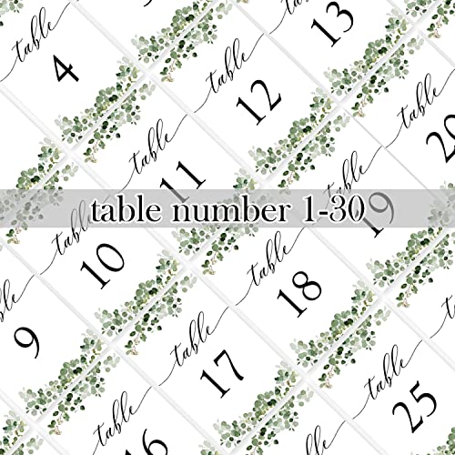 Numéros de table de mariage romantiques et feuillage d'eucalyptus double face