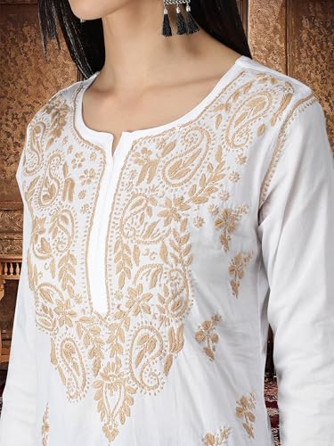 Image of Seva Chikan Hand Embroidered Lucknowi Chikankari Regular Straight Cotton Kurta Kurti for Women SCL4243