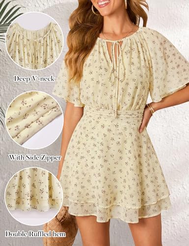 AIMCOO Summer Mini Dresses for Women Chiffon Floral Print Short Sleeve Ruffle Casual A Line Beach Vacation Sundresses Apricot XX-Large — view 4