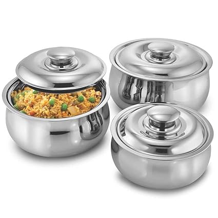 MEENAMART.COM Dura Beautifully Designed Hygienic Stainless Steel Air Tight Casserole Set of 3
