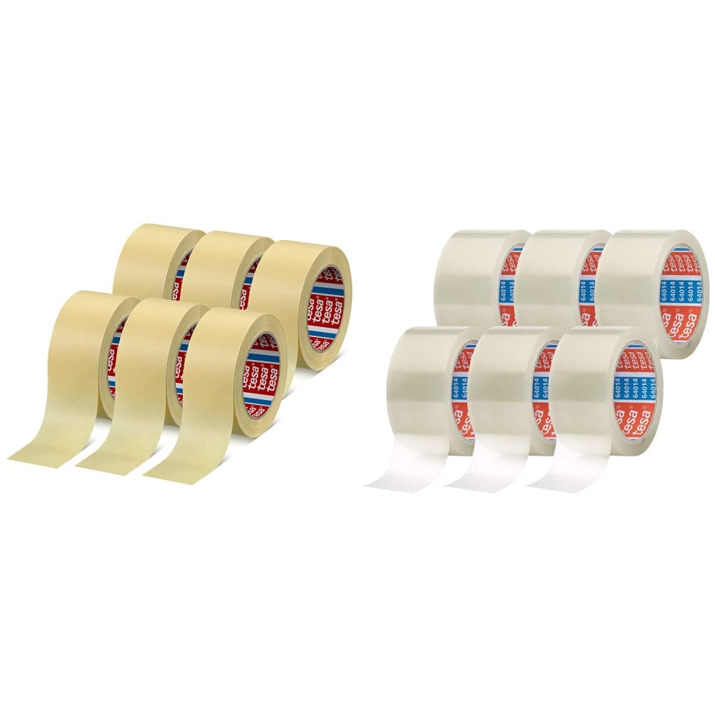 tesa krepp 4323 Basic im 6er Pack - hellbeige - 50 m x 50 mm & pack 64014 - Geräuscharmes Paketklebeband zum Verpacken von Paketen und Versandschachteln - transparent - 6 Rollen je 66 m, 6er Pack