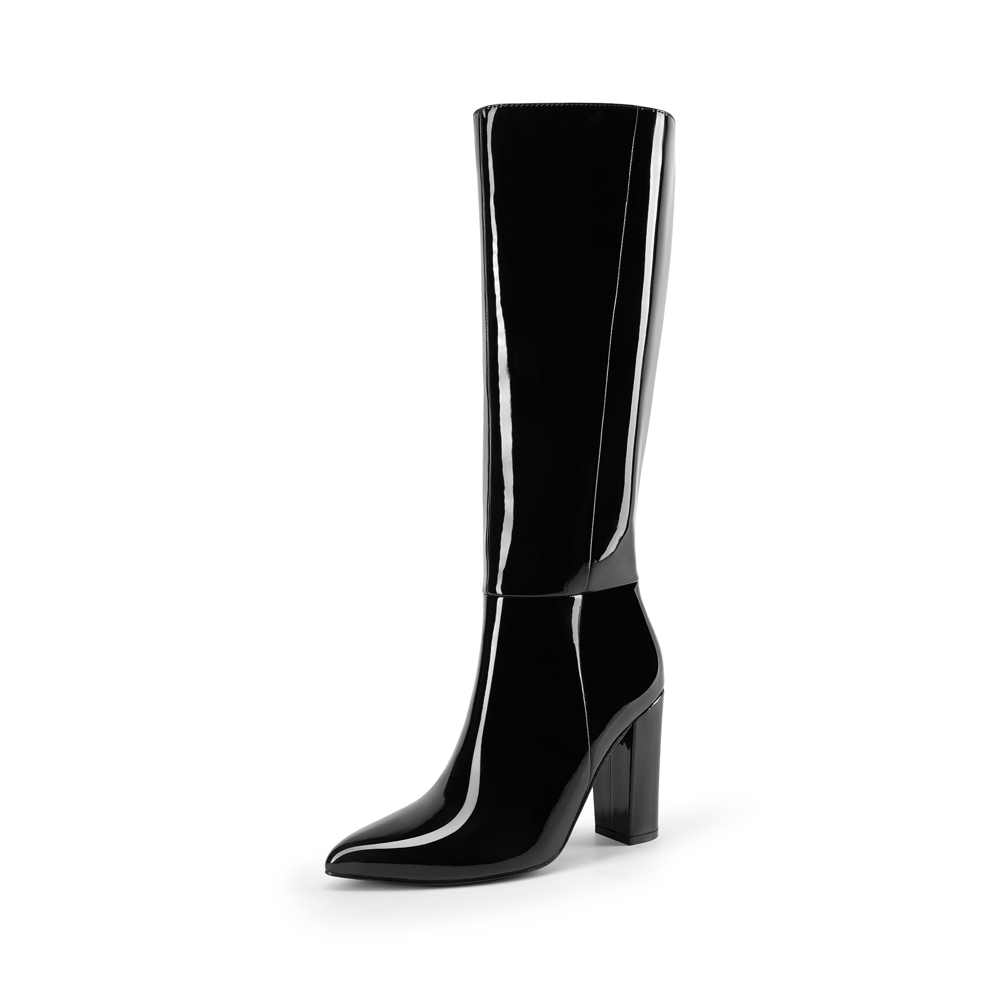 DREAM PAIRS Stivali da donna al ginocchio, comodi tacco a blocco grosso, punta a punta, cerniera laterale, stivali da equitazione in pelle scamosciata SDKB2406W, Pat nero, 40 EU