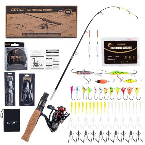 Goture Ice Fishing Rod and Reel Combo with Carry Bag, 24''Medium Spinning Ice Fishing Pole, 58Pcs Jigs & Lures with Storage Box, Line,Fish Gripper, Pliers for Saltwater Freshwater Trout Bass Walleye