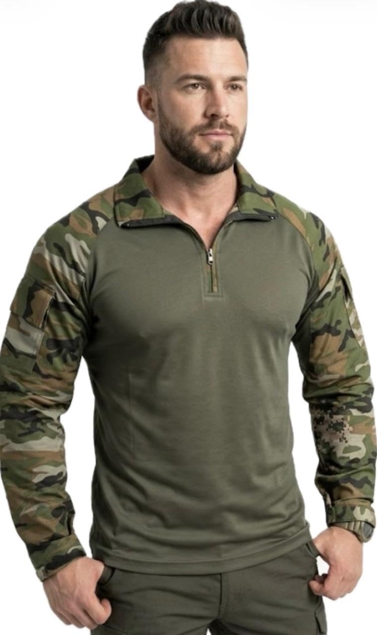 URI Print Men's Tactical Combat Shirt, Olive Green with Camouflage, Long Sleeve, Quarter Zip, Military Style-image-47